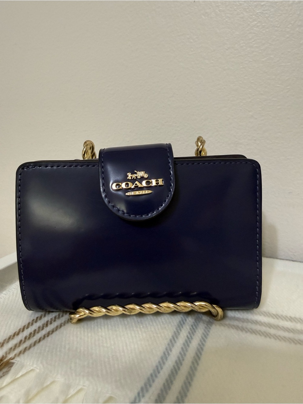 Coach Navy Blue Spazzolato Leather Compact Wallet with Gold Logo